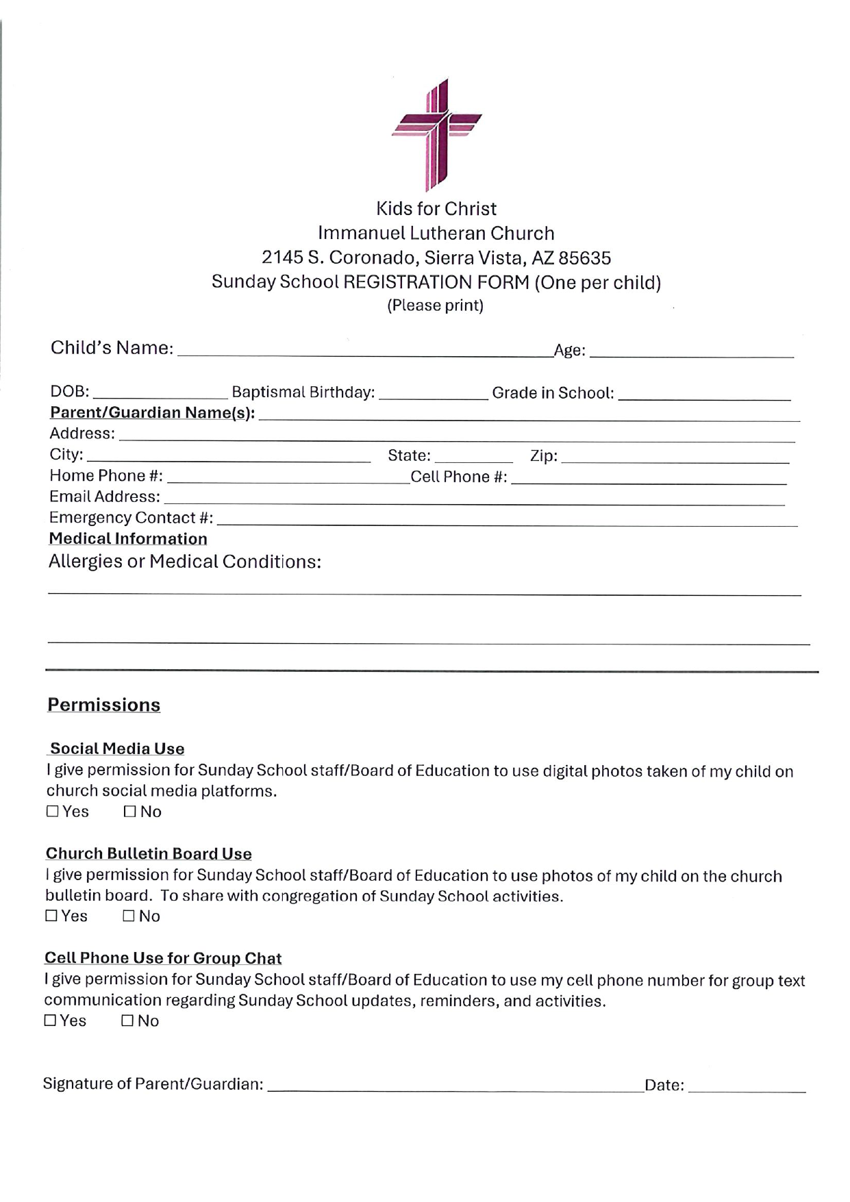 Kids for Christ Sunday School registration form for Immanuel Lutheran Church