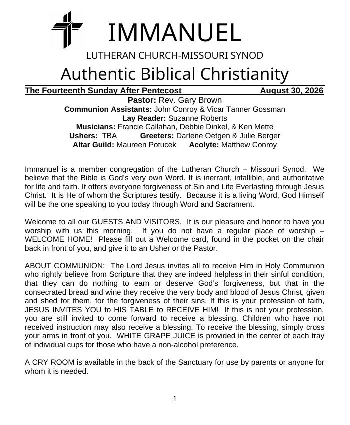 Cover of the The Fourteenth Sunday After Pentecost bulletin, Sunday, August 30, 2026
