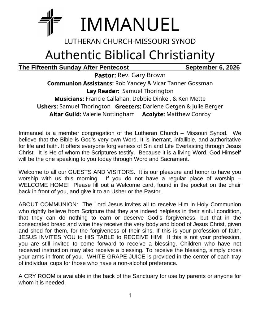 Cover of the The Fifteenth Sunday After Pentecost bulletin, Sunday, September 6, 2026