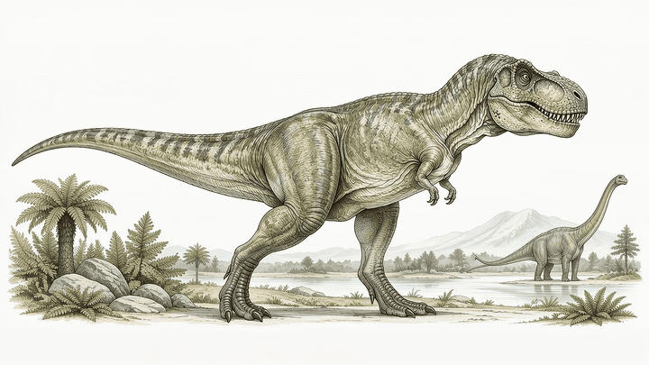 Animated illustration of a Tyrannosaurus rex and a long-necked dinosaur