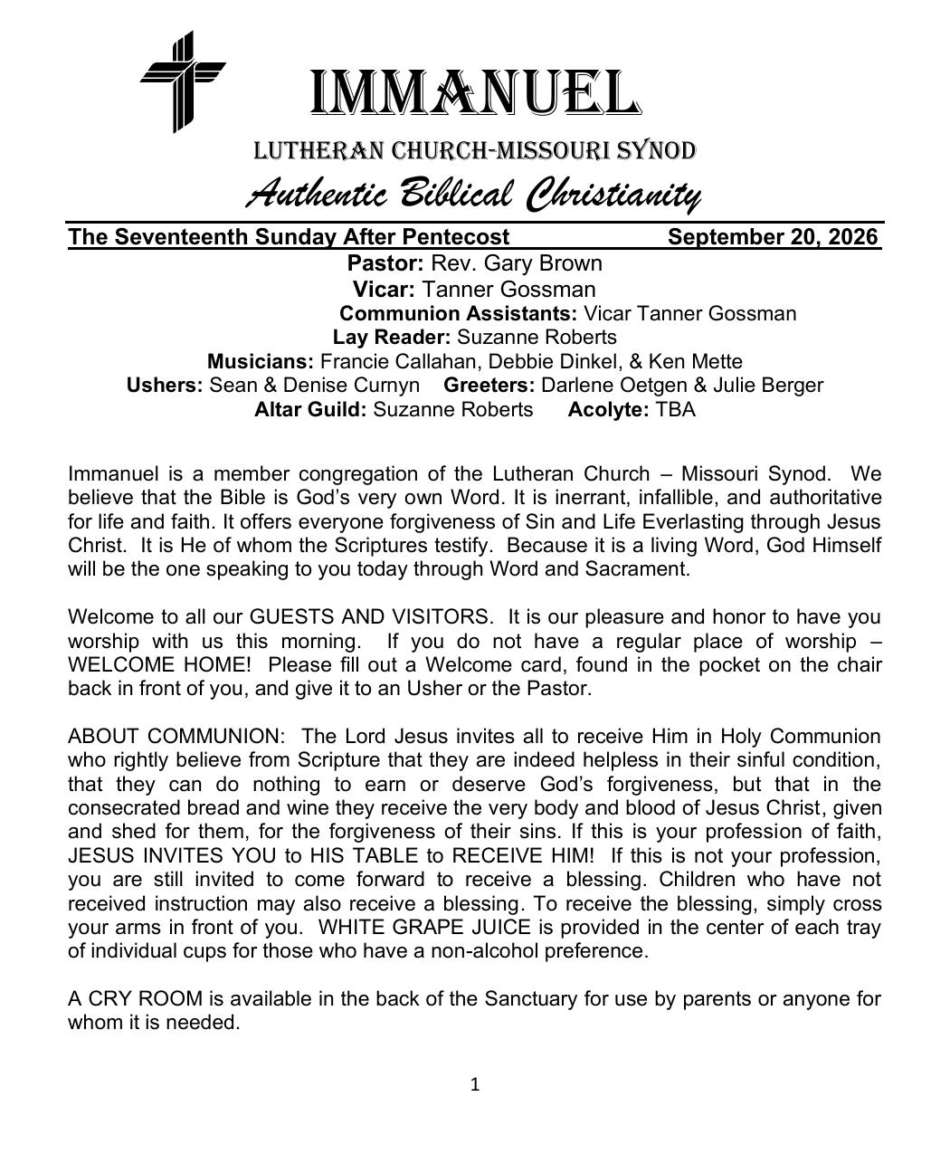Cover of the The Seventeenth Sunday After Pentecost bulletin, Sunday, September 20, 2026