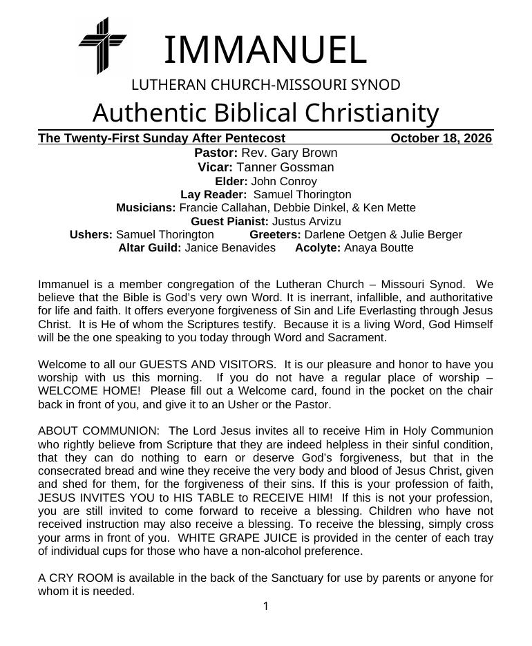 Cover of the The Twenty-First Sunday After Pentecost bulletin, Sunday, October 18, 2026