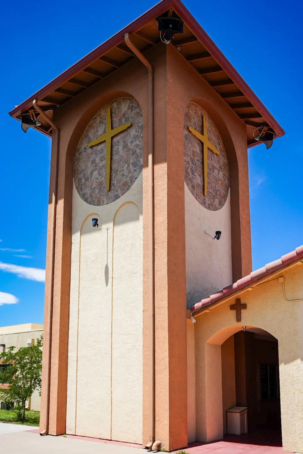 Bell tower of Immanuel Lutheran Church with gold crosses