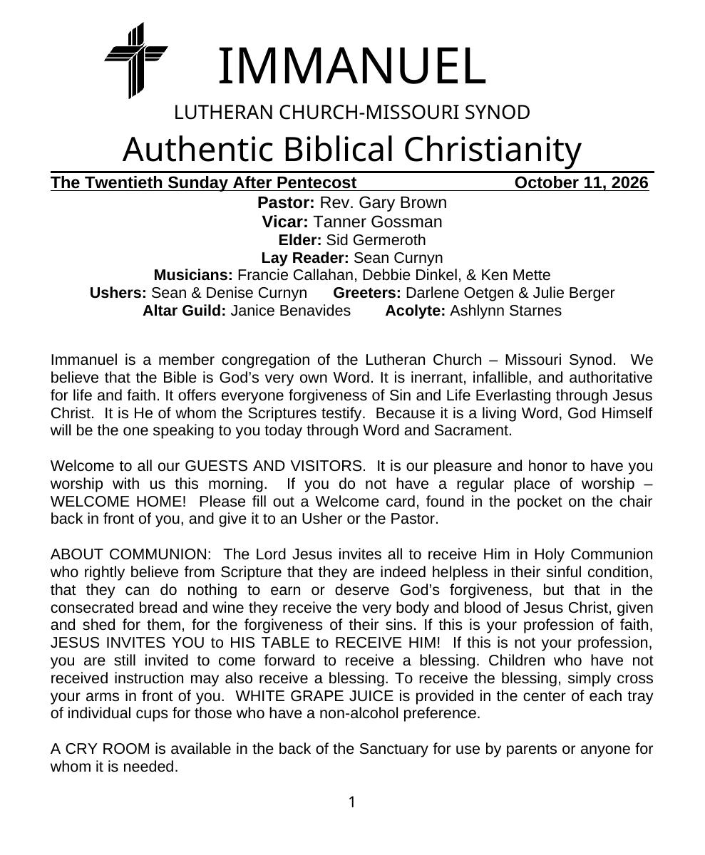 Cover of the The Twentieth Sunday After Pentecost bulletin, Sunday, October 11, 2026