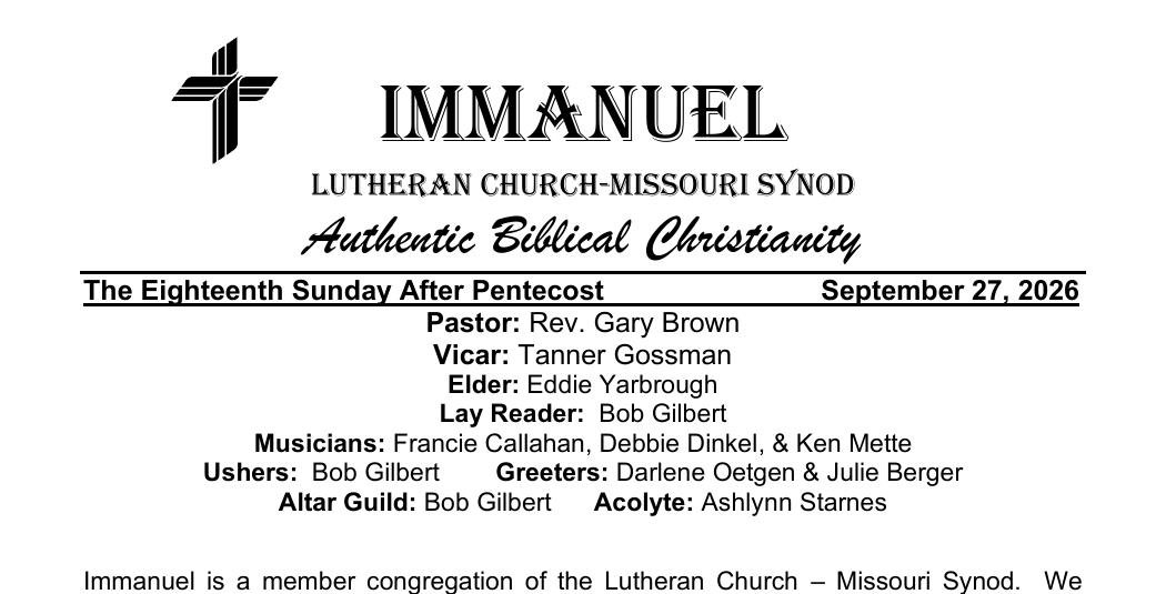 Cover of the The Eighteenth Sunday After Pentecost bulletin, Sunday, September 27, 2026