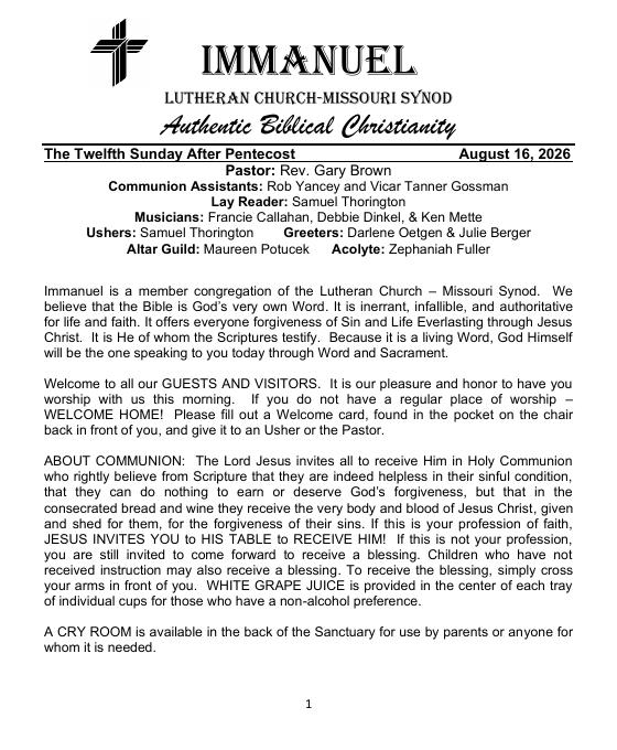 Cover of the The Twelfth Sunday After Pentecost bulletin, Sunday, August 16, 2026