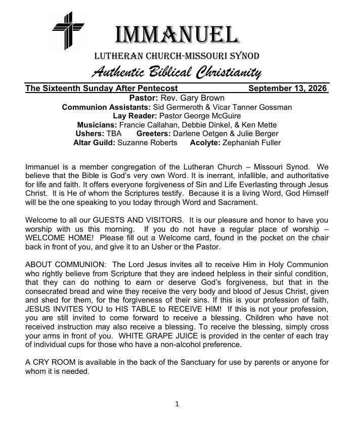 Cover of the The Sixteenth Sunday After Pentecost bulletin, Sunday, September 13, 2026