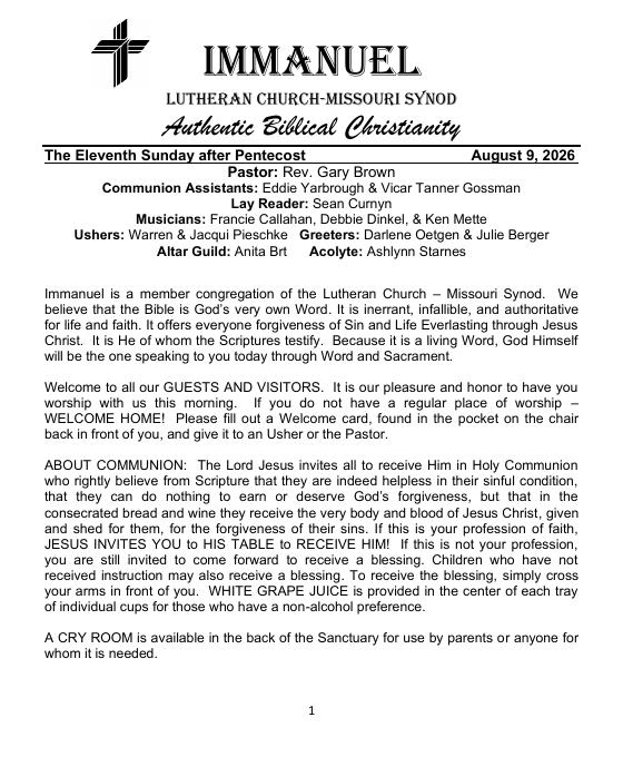 Cover of the The Eleventh Sunday After Pentecost bulletin, Sunday, August 9, 2026