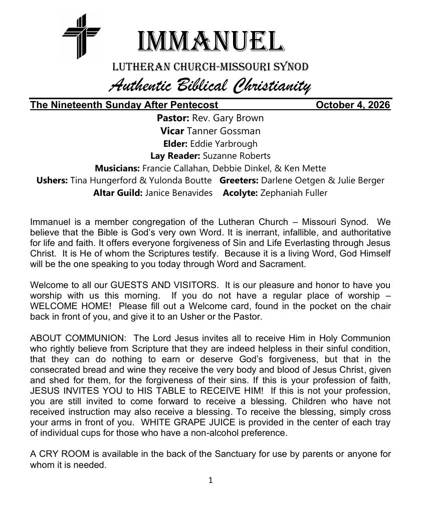 Cover of the The Nineteenth Sunday After Pentecost bulletin, Sunday, October 4, 2026